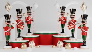 podio de cilindro de renderizado 3d en navidad santa claus y árbol de navidad, cajas de regalo, cinta, producto, perfume, venta de promoción, presentación, cosmético en color de fondo. foto