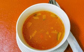 Vegetable soup with carrots greens onions tomato in white bowl. photo