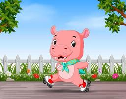 funny hippo playing roller skate in the road vector