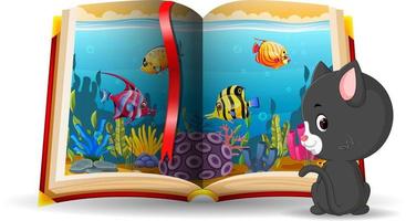 ocean scene in the book and cat vector