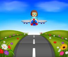 young boy riding a plane on a beautiful scene vector