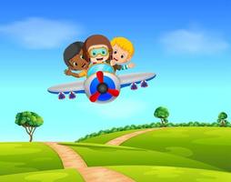 tres niños volando un avión vector