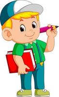 boy holding pencil and carrying book vector