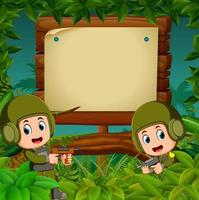 Two soldiers with guns in the jungle with wooden signboard vector