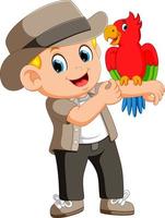 man the birds trainer with doing tricks parrot vector