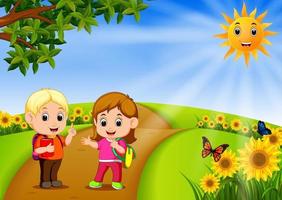 los niños van a la escuela con un paisaje hermoso jardín vector