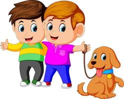 dos niños con perro mascota vector