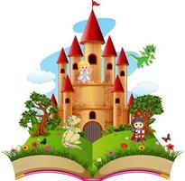 Castle with dragon and a knight in the storybook vector