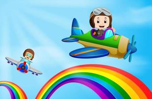 two air plane flying over rainbow vector