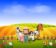 granjero y granja de animales con campo de paisaje vector