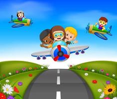 happy kids riding on a plane vector