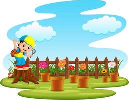 kid playing in the garden vector