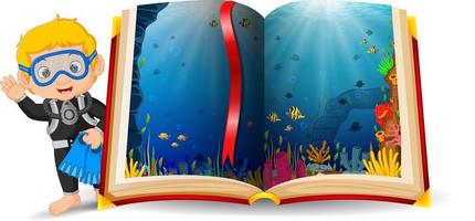 paisaje oceánico en el libro y niño con traje de buceo vector