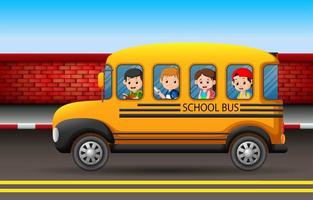 muchos niños en un autobús escolar vector