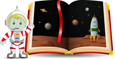 planet scenery in the book and kid wearing a costume astronaut vector