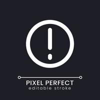 Warning pixel perfect white linear ui icon for dark theme. Exclamation mark in circle. Vector line pictogram. Isolated user interface symbol for night mode. Editable stroke