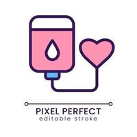 Blood donation pixel perfect RGB color icon. Medical procedure. Volunteer donor. Intravenous transfusion. Isolated vector illustration. Simple filled line drawing. Editable stroke