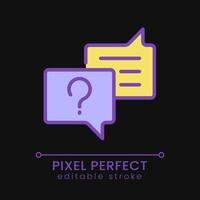 Asking question pixel perfect RGB color icon for dark theme. Chat of information support service. Get answers. Simple filled line drawing on night mode background. Editable stroke vector