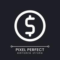 Coin pixel perfect white linear ui icon for dark theme. Money saving account. Banking service. Vector line pictogram. Isolated user interface symbol for night mode. Editable stroke