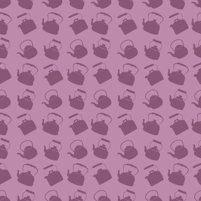 Seamless Purple Pattern with Kettle. Vector background with different teapots. Endless kitchen texture.