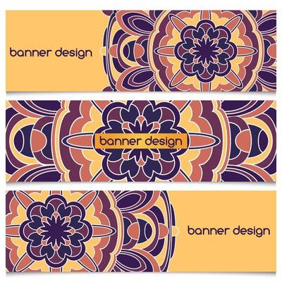 Abstract geometric header vector background with mandala. Set of vector banners with abstract geometric colored shapes. Ethnic pattern cards set.