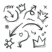 Vector set of Doodle elements, for concept design. crown, arrow, love, x,