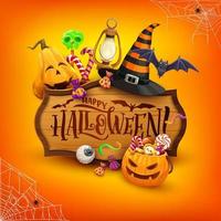 Halloween banner with cartoon pumpkin, hat, sweets vector