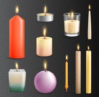 Realistic candles, candlelight and tealight flames vector