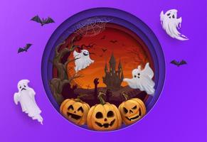 Halloween paper cut with ghosts, castle landscape vector