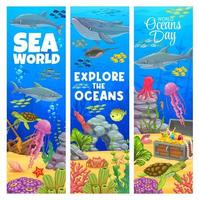 Cartoon underwater landscape banners, sea bottom vector