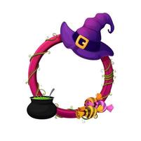 Halloween cartoon frame with witch hat, cauldron vector