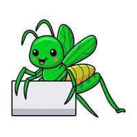 lindo pequeño dibujo animado de mantis con signo en blanco vector