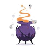 Witch cauldron with potion and ghosts flying around vector illustration isolated on white.