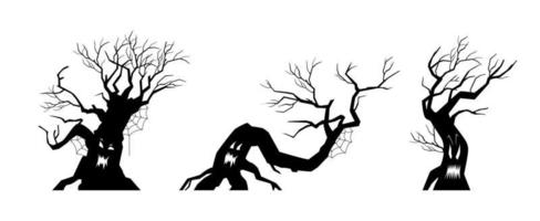 Halloween spooky trees with emotions black silhouette vector set.