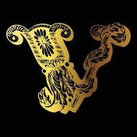 Golden color tattoo design V on black background vector