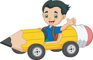 niños de dibujos animados montan coches lápices vector