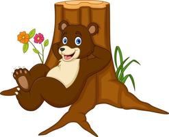 Cartoon bear leaning on wood vector