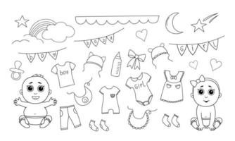 A set of doodle elements with kids boy and girl. Vector clipart with children's attributes icons items clothing. Newborn babies