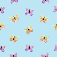 Seamless pattern with butterflies on a light blue background. Delicate vector wallpaper in hand-drawn flat style. Perfect for textiles, clothing, stationary, surface design