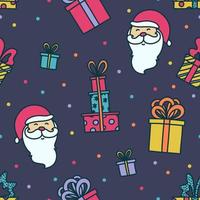 Merry Christmas seamless pattern with Santa Claus and presents. Background sketch on Christmas topic. Vector illustration