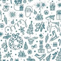 Christmas seamless pattern with toys, presents, reindeer and other objects. Background sketch on Christmas topic. Vector illustration