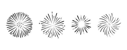 Doodle firework set. Radial foreworks for parties and celebrations. Vector illustration