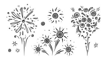Doodle firework set. Shiny foreworks for parties and celebrations. Vector illustration