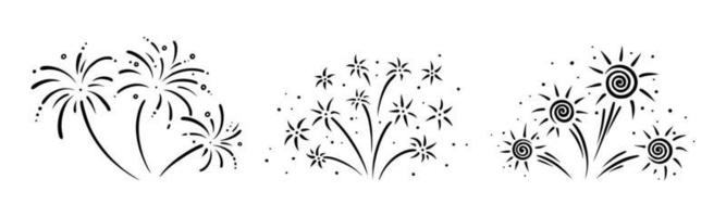 Doodle firework set. Shiny foreworks with confetti for parties and celebrations. Vector illustration