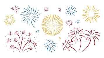 Colorful doodle firework set. Shiny foreworks for parties and celebrations. Vector illustration