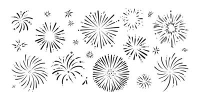 Doodle firework set. Shiny foreworks for parties and celebrations. Vector illustration