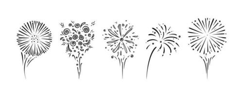 Doodle firework set. Shiny foreworks for parties and celebrations. Outline vector illustration