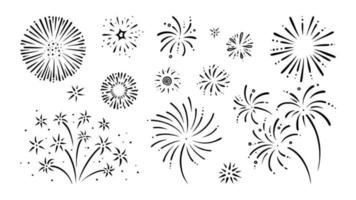 Doodle firework set. Shiny foreworks for parties and celebrations. Vector illustration