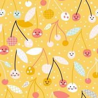 Cheerful cute smiling cherries on a yellow background. Vector seamless pattern with colorful berries