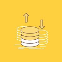 coins. finance. capital. gold. income Flat Line Filled Icon. Beautiful Logo button over yellow background for UI and UX. website or mobile application vector